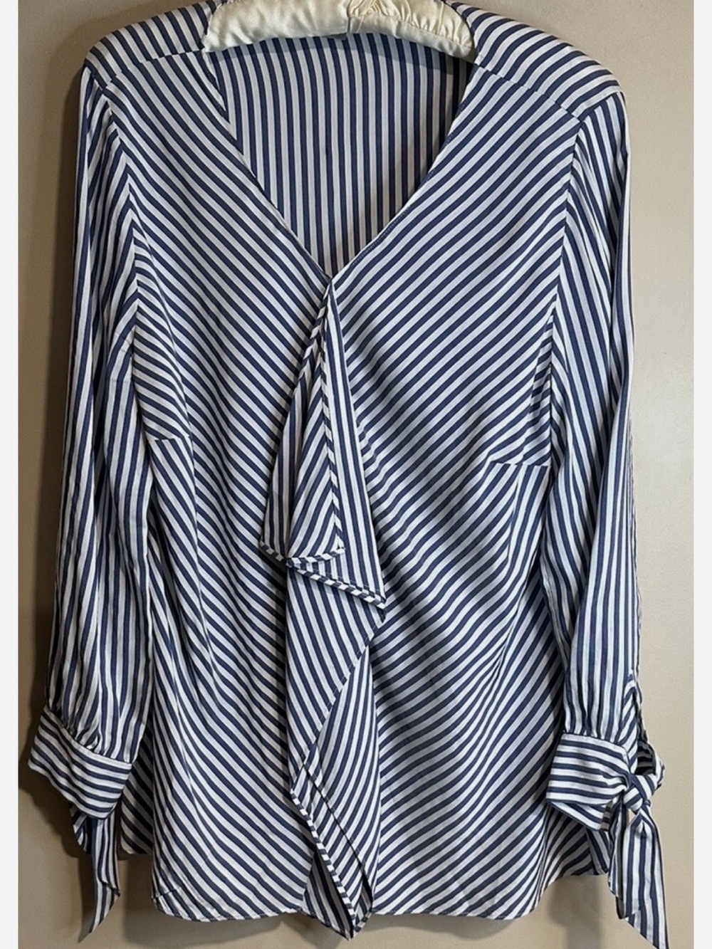 Chico's Navy and White Striped V-Neck Tie-Front Blouse